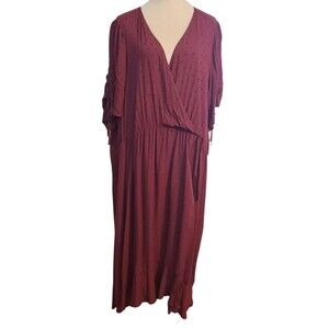 Torrid Womens 5X Midi Swiss Dot Linen Surplice Dress Maroon Pockets Boho